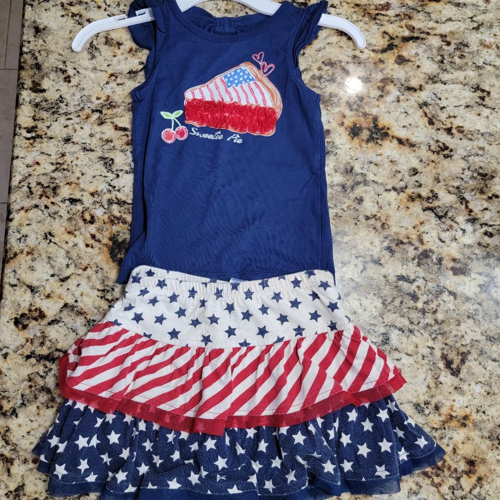 Patriotic July 4th Red White Blue Shirt Skirt set Girls 4T
